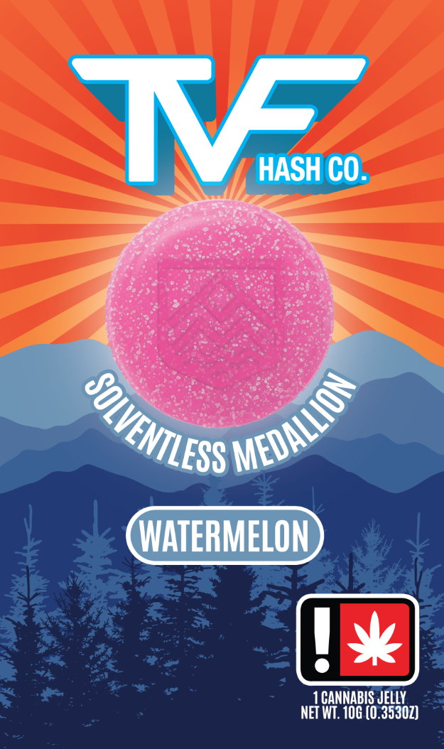 Photograph of product: TVF au chocolat Co. 100mg WATERMELON Hybrid Solventless Medallion Single Jelly