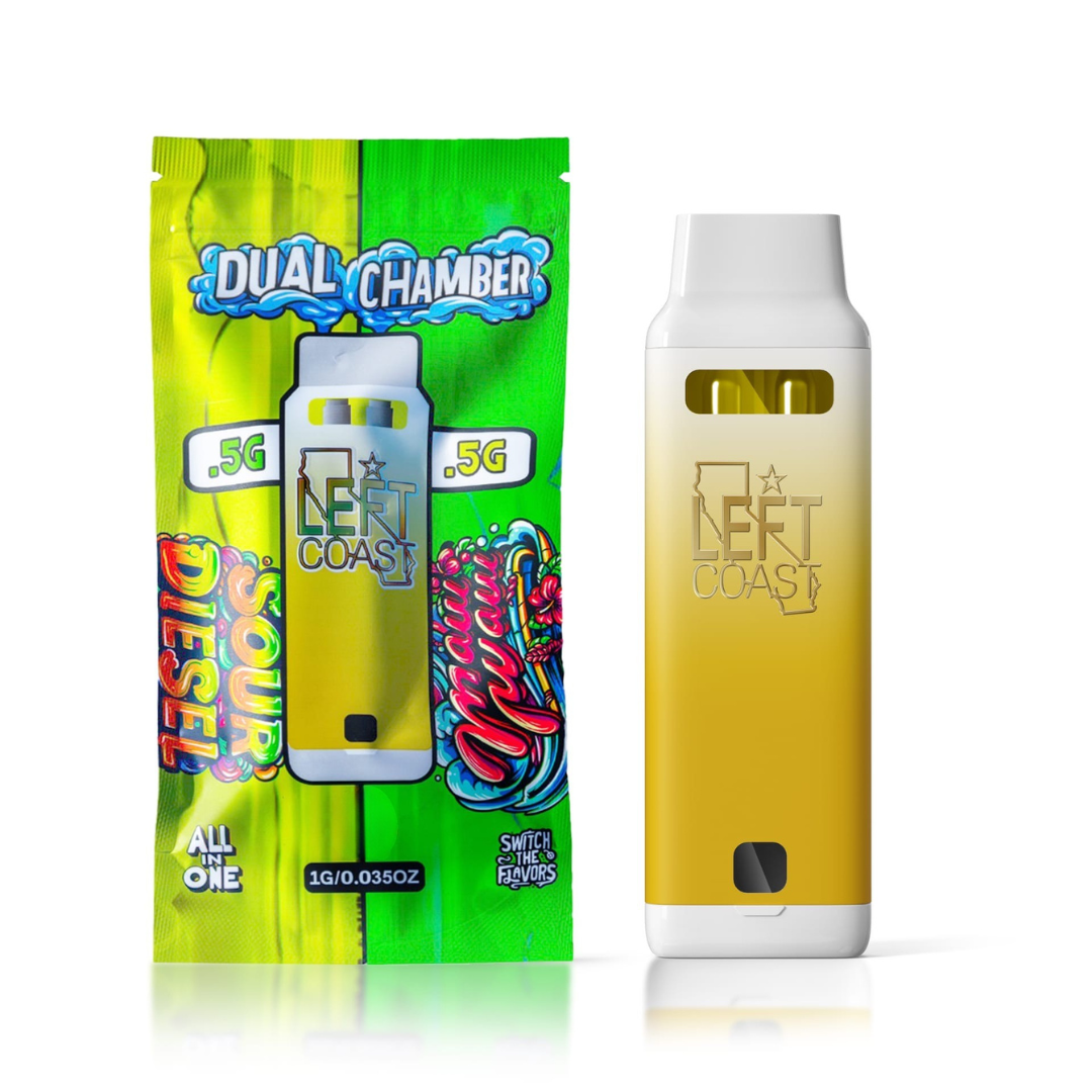 Photograph of product: LEFT COAST | SOUR DIESEL X MAUI WAUI | DUAL CHAMBER AIO VAPE | 1G