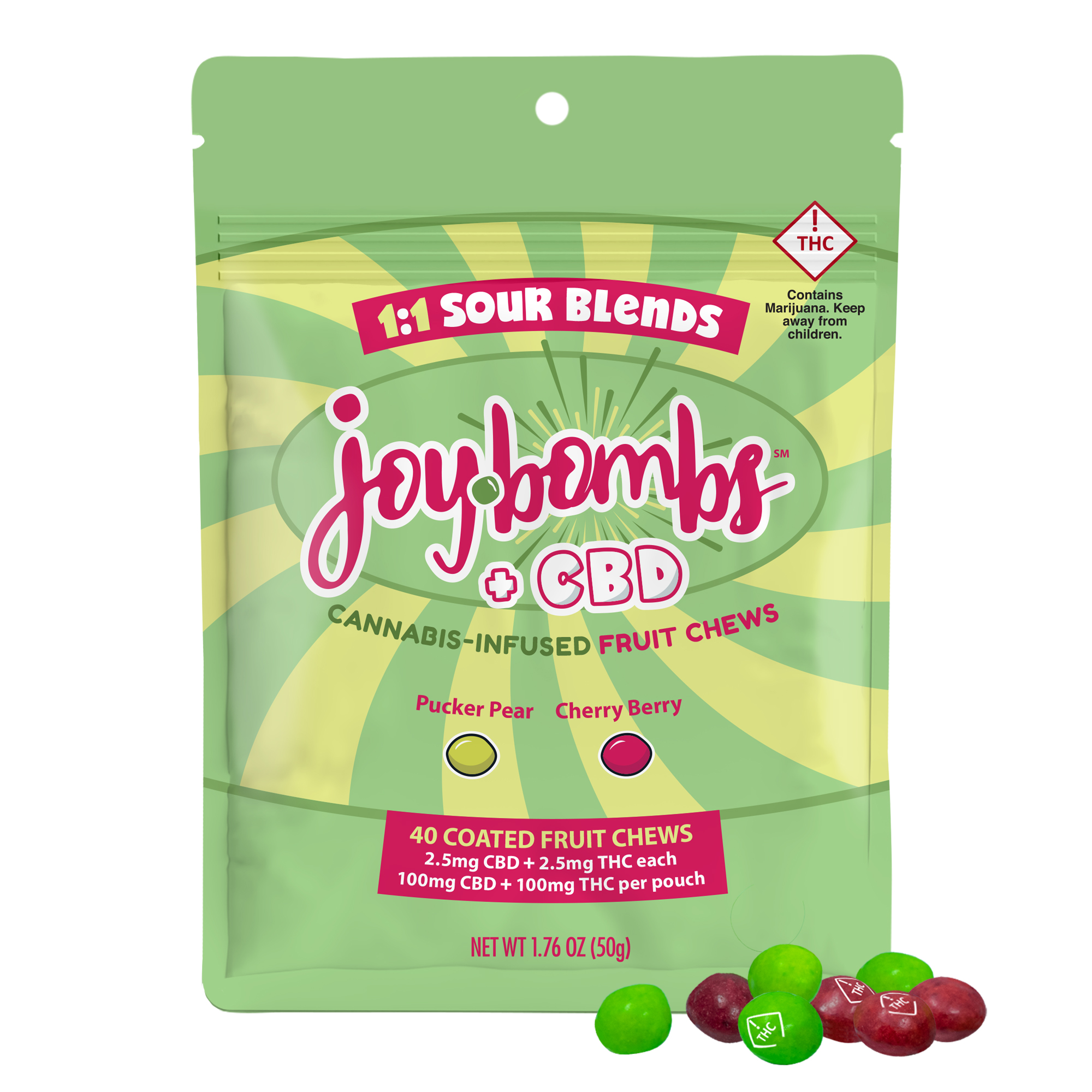 Photograph of product: Joybombs 1:1 Sour Blends TH-oui:CBD 100mg