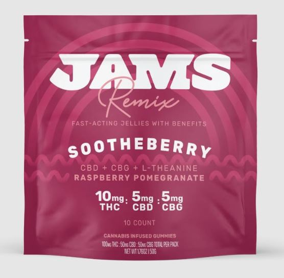 Photograph of product: JAMS: Sootheberry Fast Acting | 2:1:1 TH-oui:CBD:CBG | 100mg TH-oui | 10pk