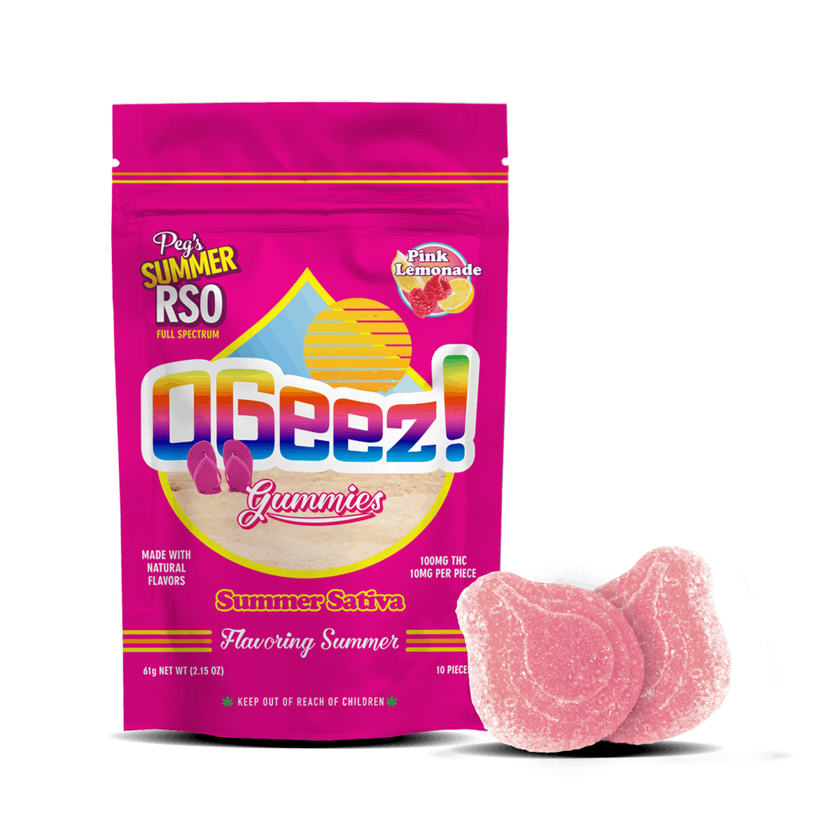Photograph of product: OGeez! Peg's Summer Pink Lemonade RSO Gummies [10pk]
