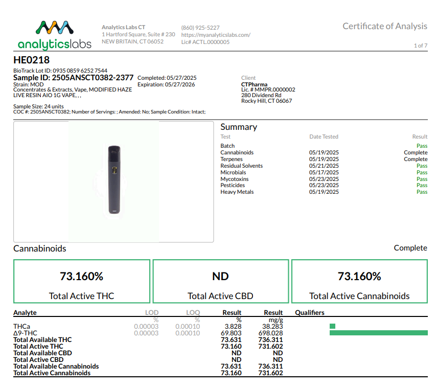 Photograph of product: Modified Haze 1g Live Resin AIO (H) 25927