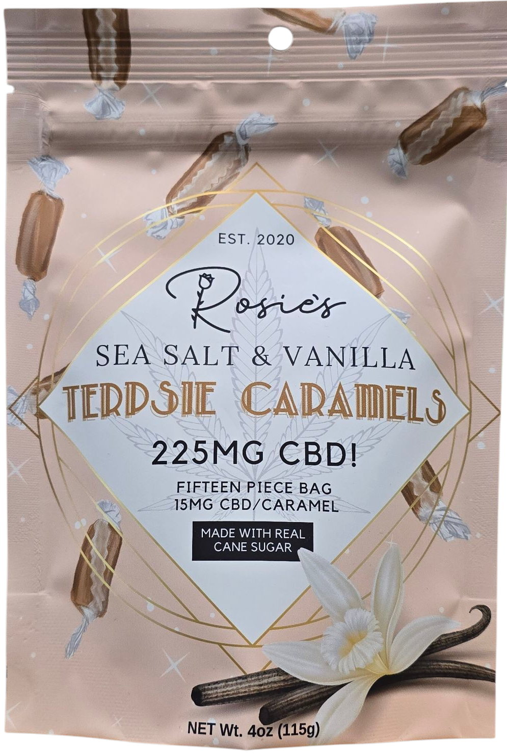 Photograph of Product: Rosies - CBD Sea Salt & Vanilla Caramels - 225MG CBD PER PACKAGE