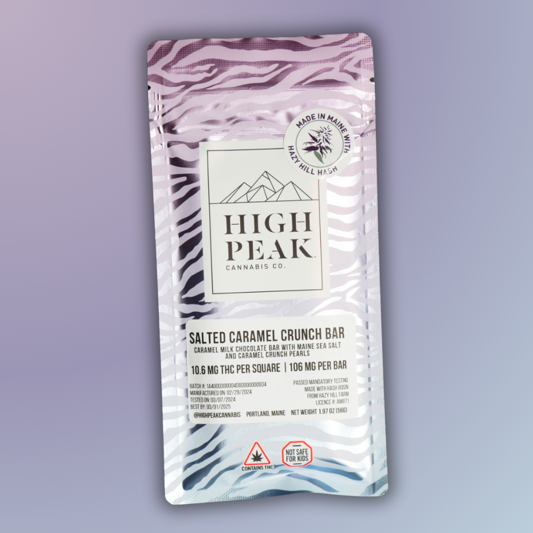 Photograph of product: High Peak // 100mg Salted Caramel Crunch Chocolate Bar