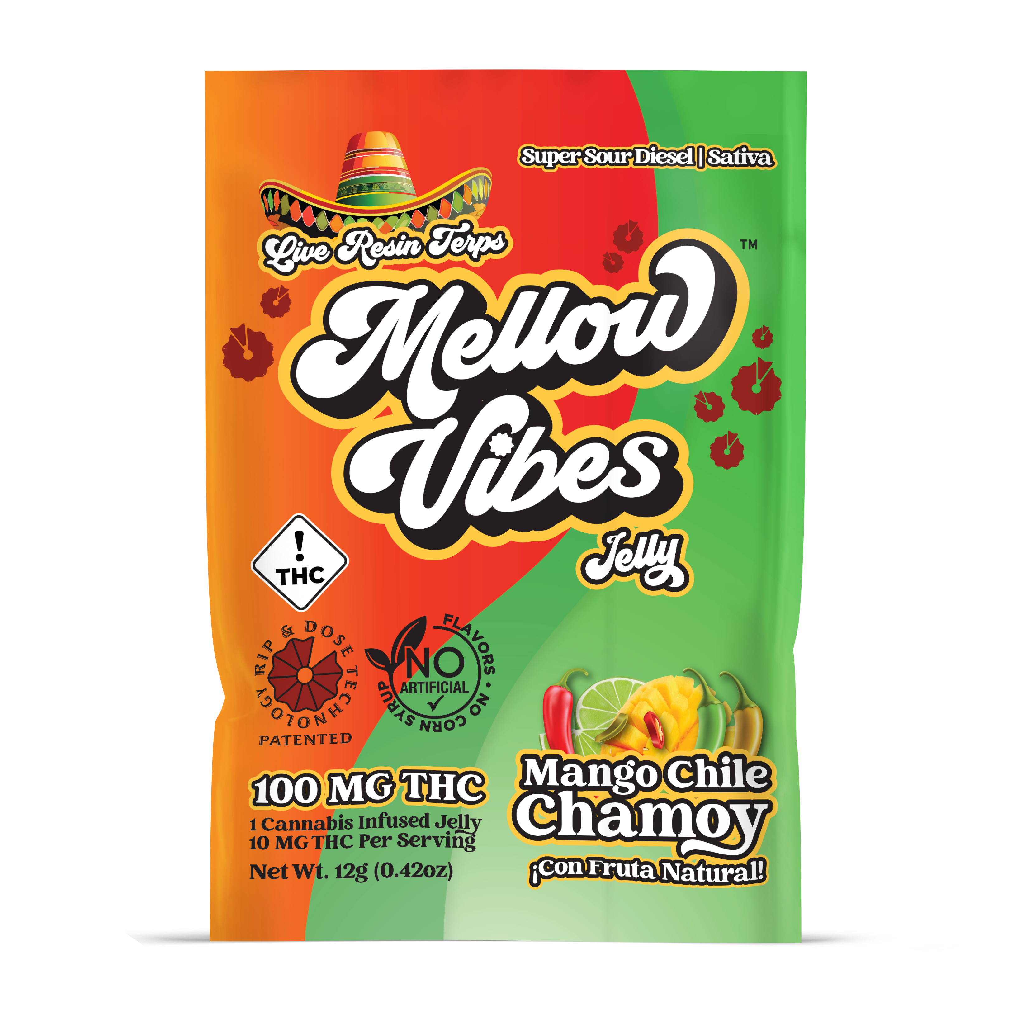 Photograph of product: MELLOW VIBES - GUMMIES - 100MG - 1PK - MANGO CHILE CHAMOY - Oui'd