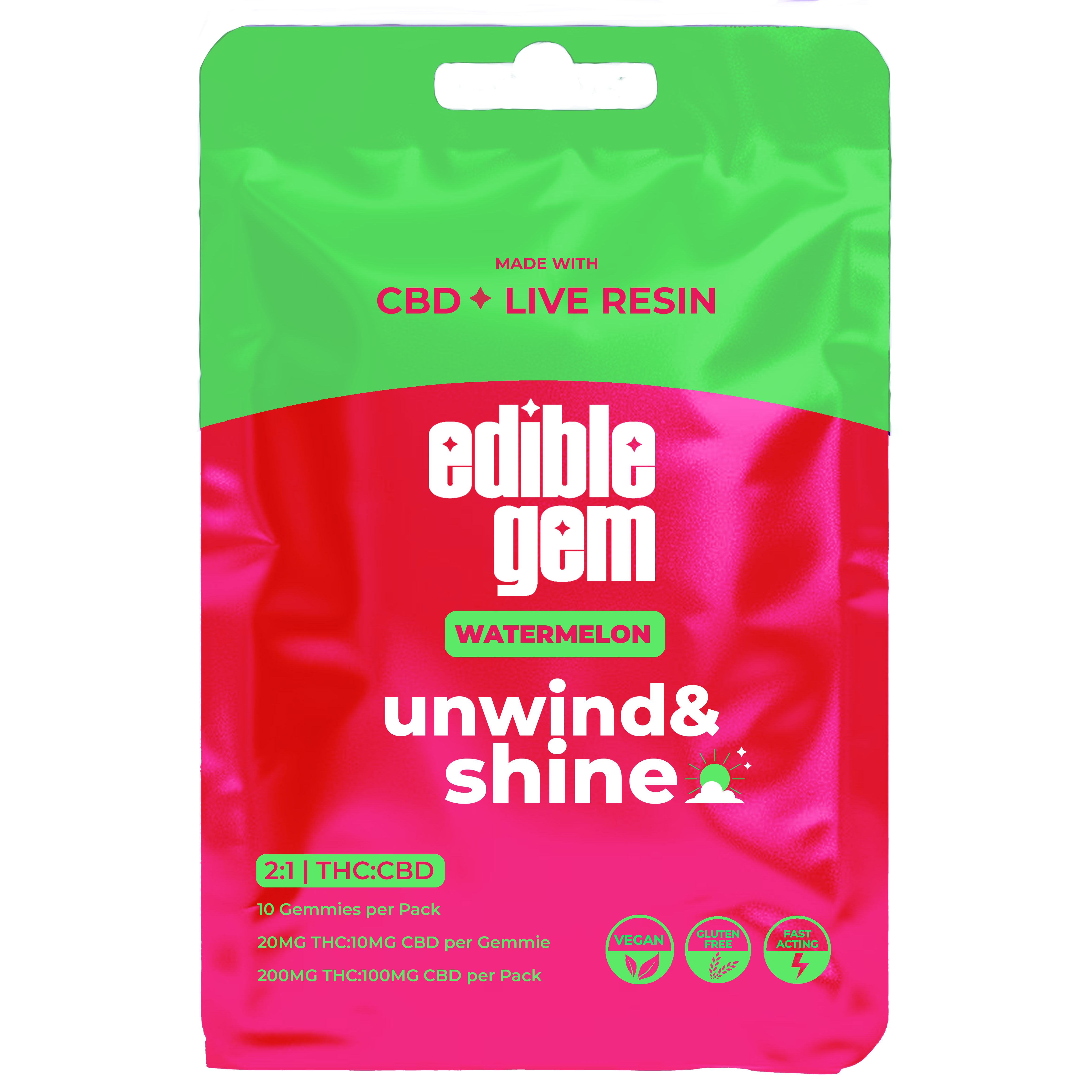 Photograph of product: Edible Gem - Watermelon 2:1 TH-oui:CBD Live Resin Gummies 200mg