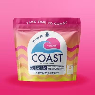Photograph of product: Coast Oui'd Co. THRIVE | Strawberry Lemonade Gummies | 10mg CBG: 5mg CBC: 5mg TH-oui (100mg)