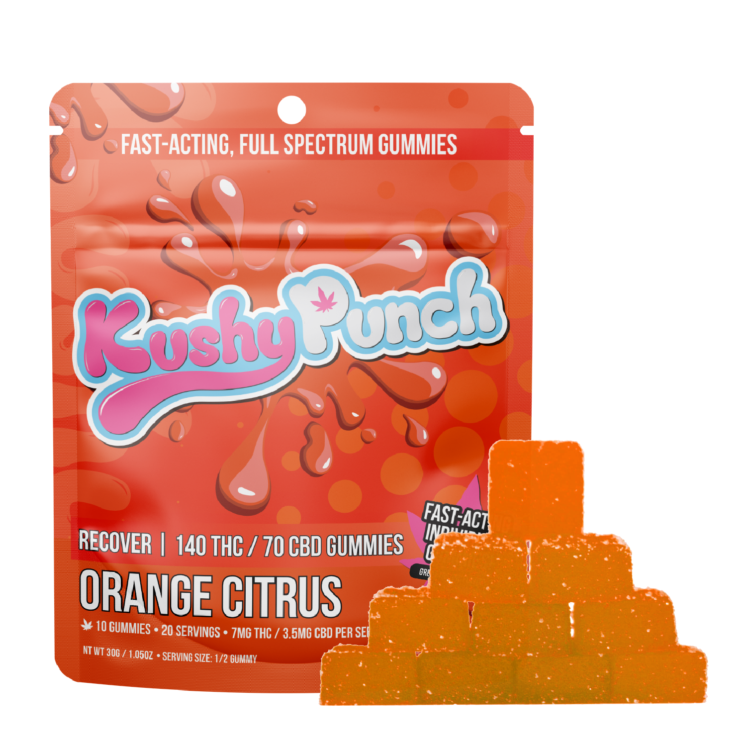 Photograph of product: Kushy Punch Recover Orange Citrus 2:1 140mg TH-oui/70mg CBD Individual Gummies Rec