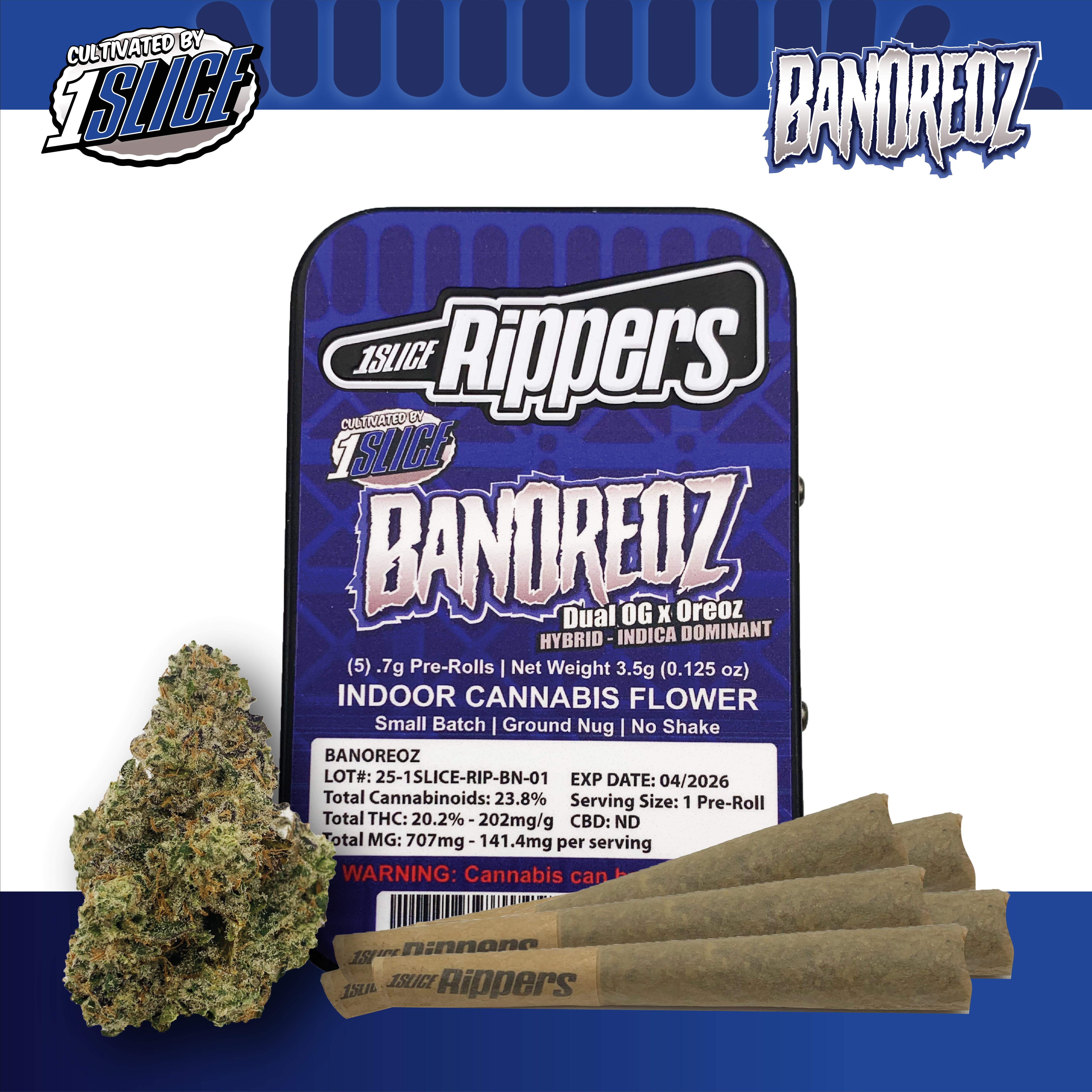 Photograph of product: 1Slice Rippers Banoreoz (Oui'd-Hybrid) Pre-Rolls 5pk