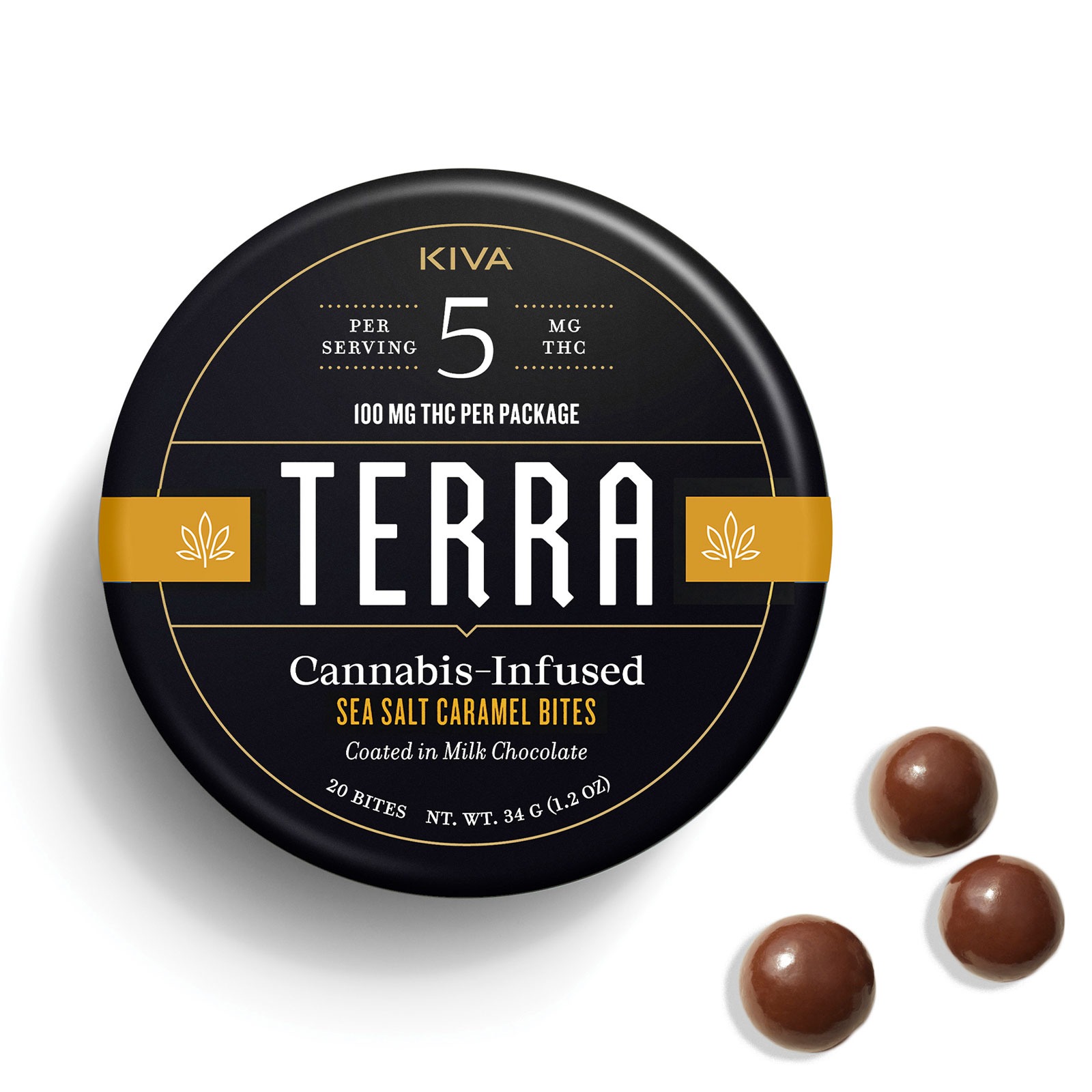 Photograph of product: KIVA: SEA SALT CARAMEL MILK CHOCOLATE TERRA BITES 100MG 20PK