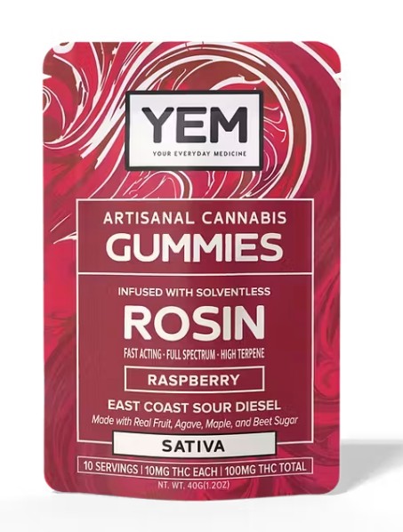 Photograph of product: YEM | East Coast Sour Diesel | Rasberry | Oui'd | Rosin Gummies | 100mg