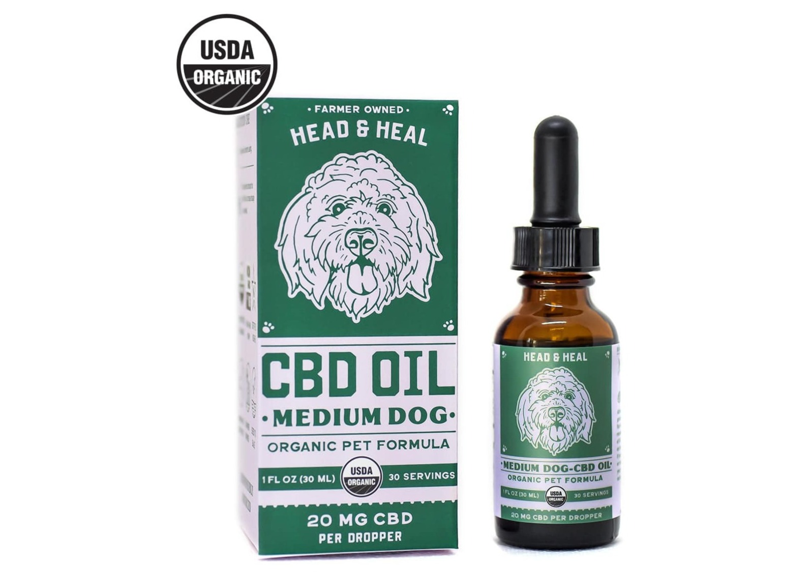 Photograph of product: Head & Heal | CBD Oil for Medium Dogs | 600mg CBD / Bottle | 60 Servings