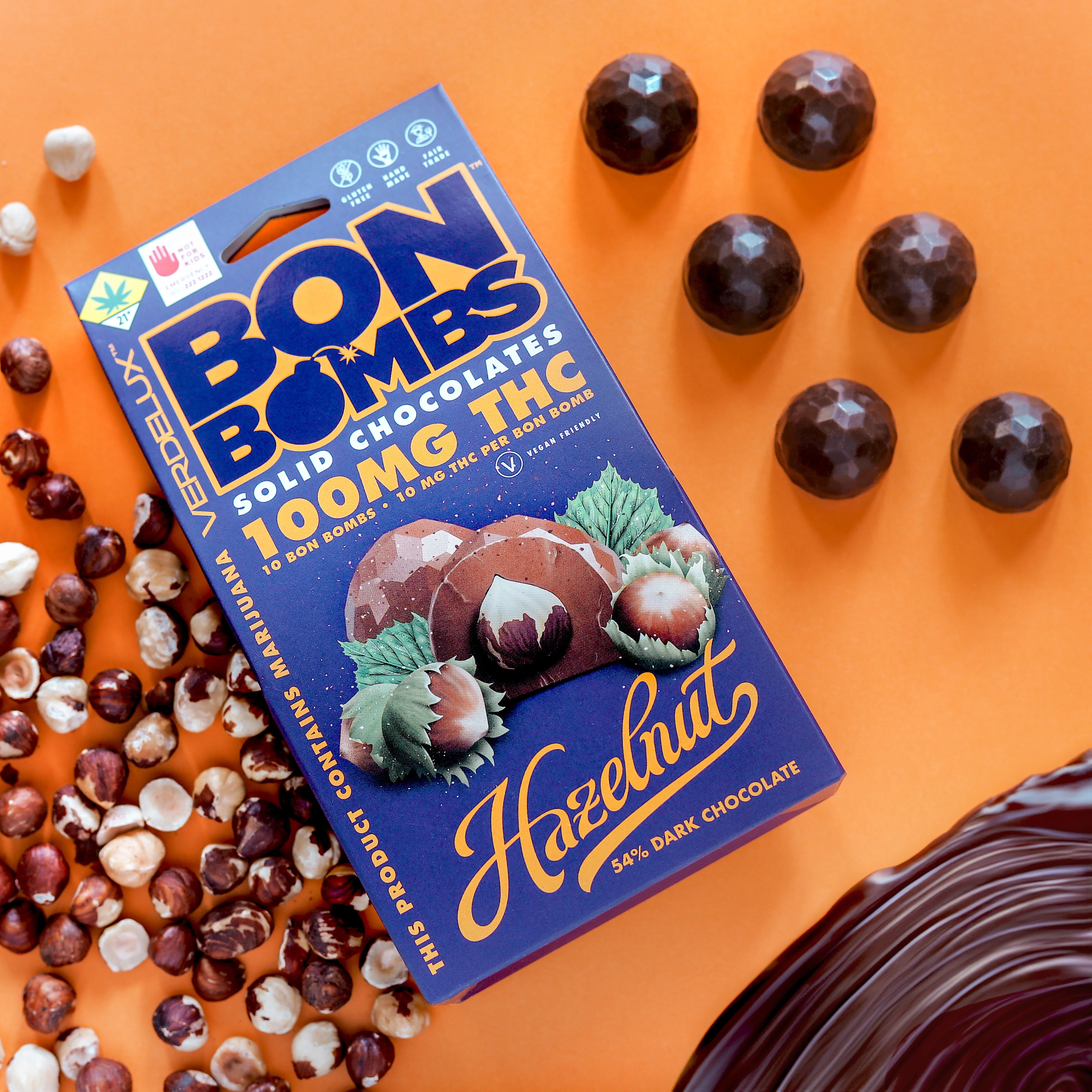 Photograph of product: Bon Bombs: Hazelnut Dark Chocolates 100mg 10pk