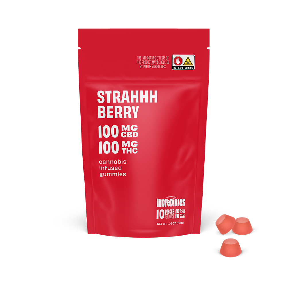 Photograph of product: Bites: Strahhhberry Gummies 1:1 | 10 Pack 100mg TH-oui with CBD