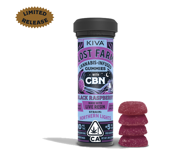 Photograph of product: Black Raspberry Lost Farm - 100mg Live Resin CBN Gummies |  Northern Lights Strain | Kiva Edibles