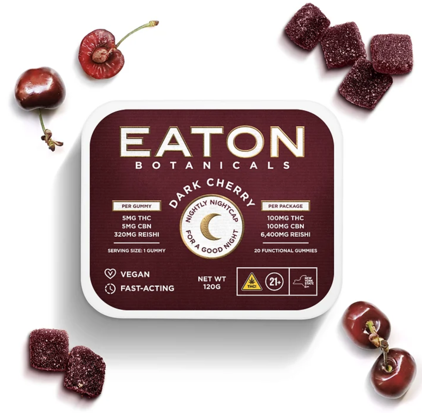 Photograph of product: Eaton - Nightly Nightcap Dark Cherry Gummies - 5mg 20pk