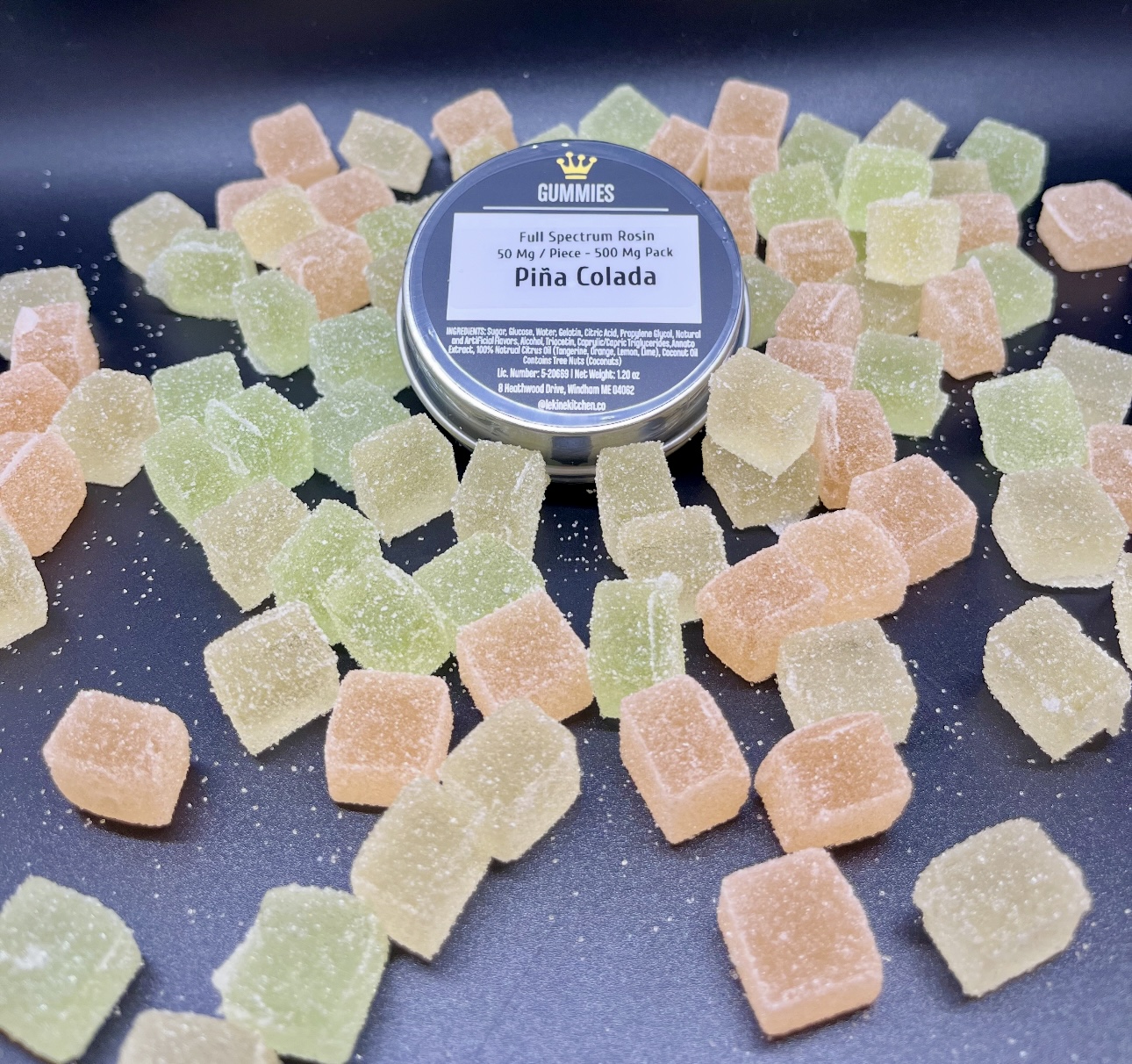 Photograph of product: Undertow x Le Kine Kitchen: Pina Colada 50mg/ au chocolat Rosin Gummies