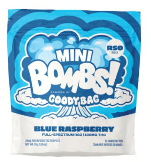 Photograph of product: Edible - Goody Bag - Blue Raspberry RSO Mini Bombs (H) - 100mg 5pk