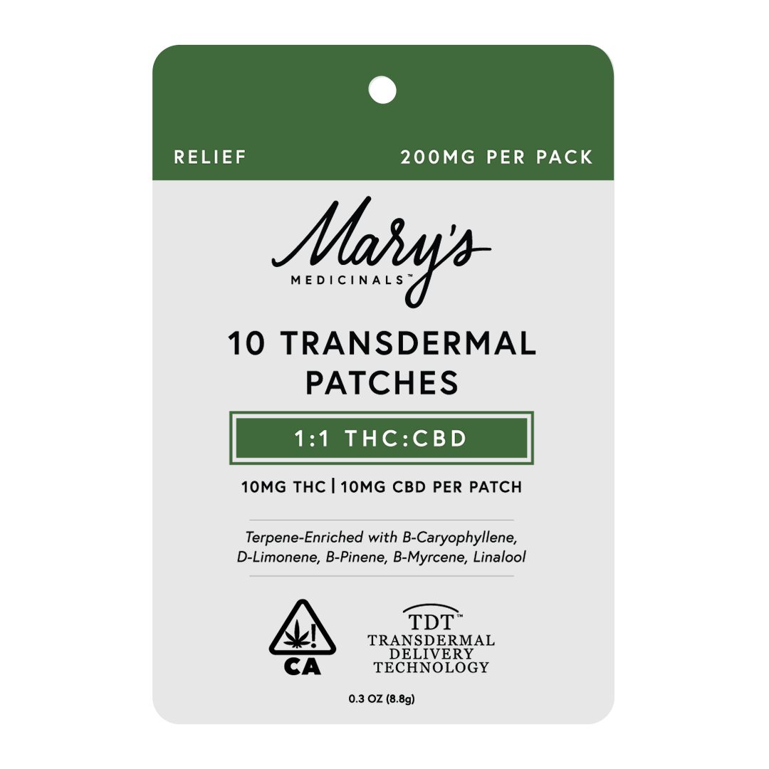 Photograph of product: Mary's Medicinals Relief 1:1 10mg TH-oui/CBD 10pk Transdermal Patches Rec