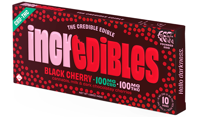 Photograph of product: 1:1 BLACK CHERRY DARK CHOCOLATE (100MG TH-oui/100MG CBD) - (10PK) 100MG