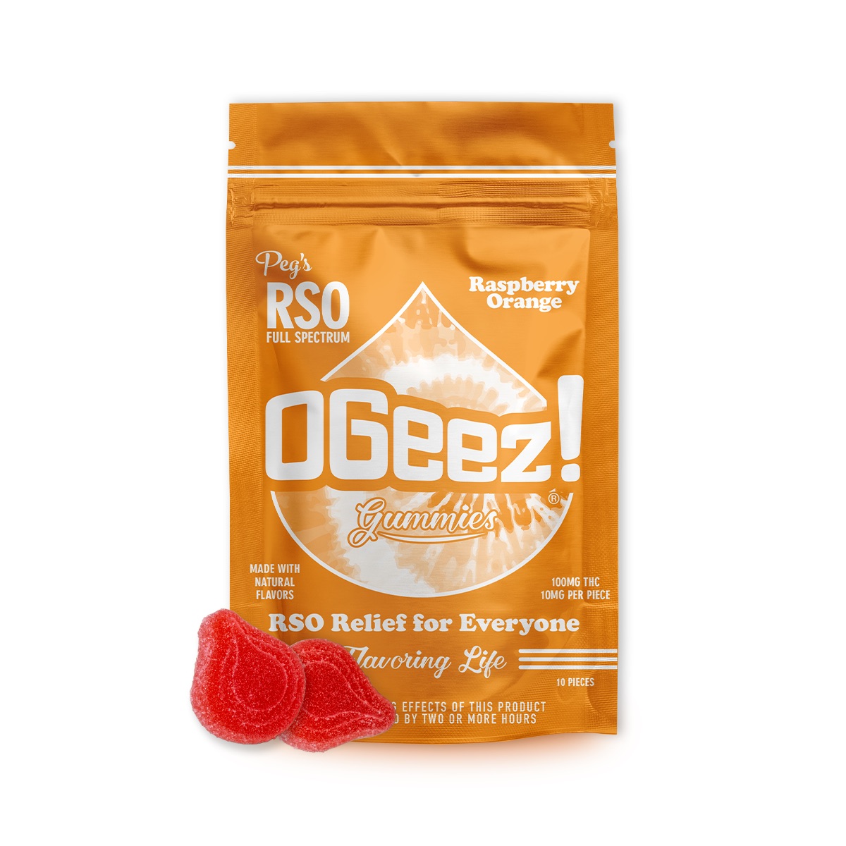 Photograph of product: OGeez! | Gummies | RSO | Pegs Raspberry Orange | 10pk/100mg