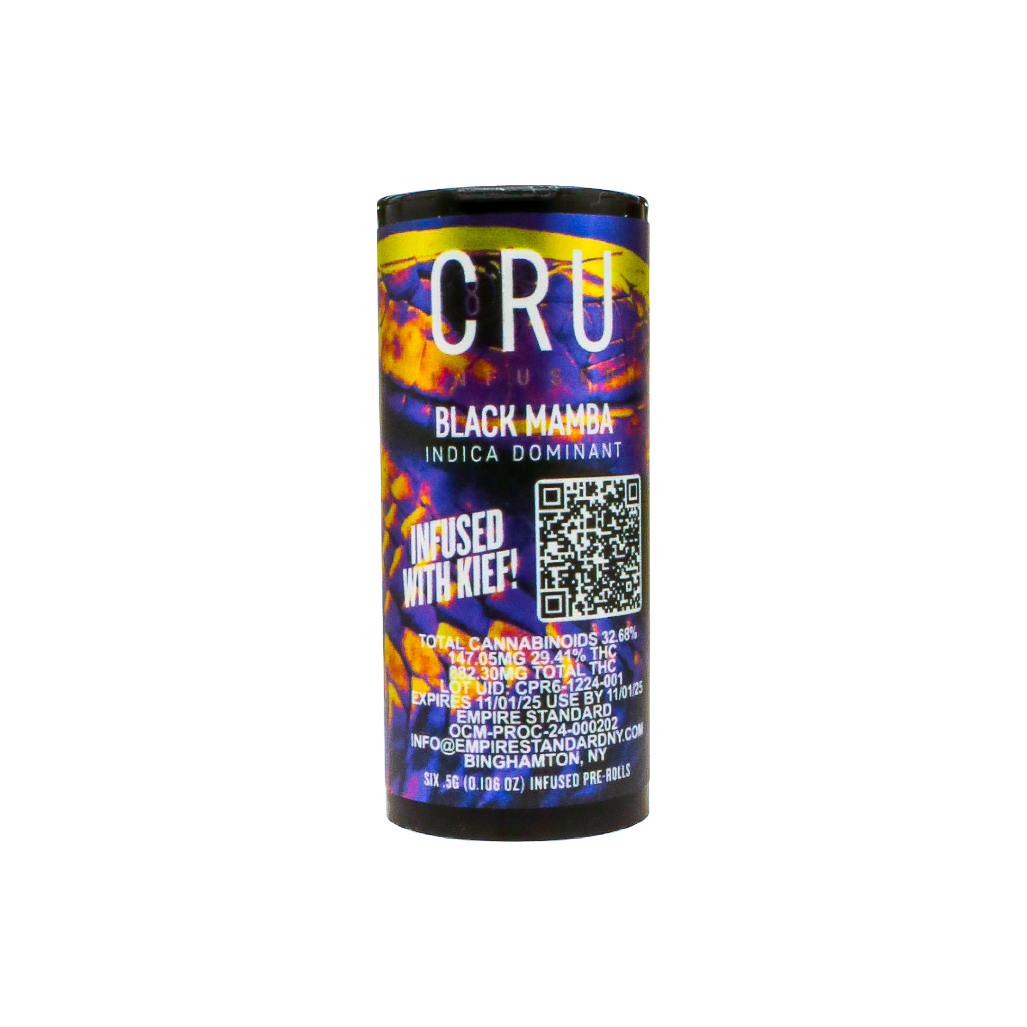 Photograph of product: CRU Black Mamba 6pk Kief Infused Prerolls