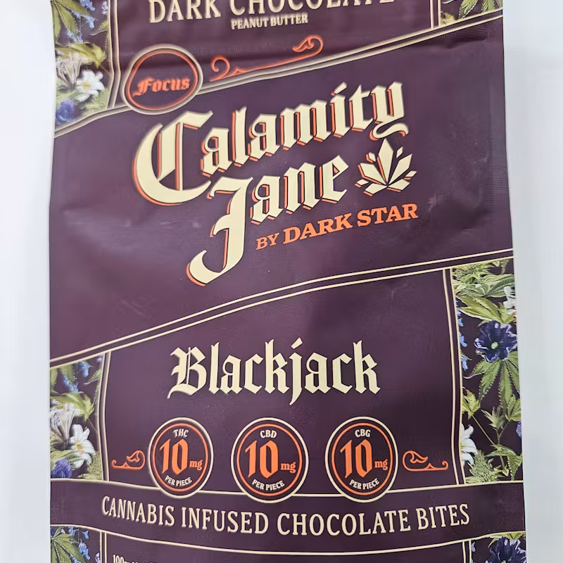Photograph of product: Calamity Jane Dark Chocolate Peanut Butter | 10:10:10 TH-oui: CBD: CBG | 10Pk 100mg | Blackjack