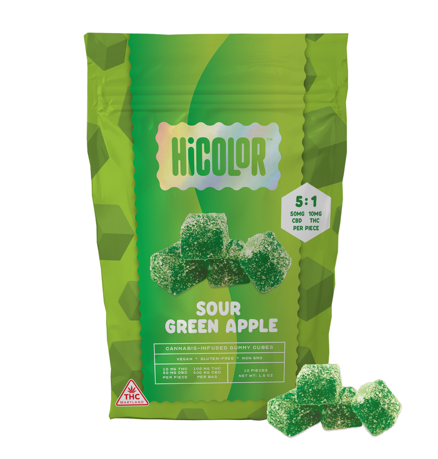 Photograph of product: HiCOLOR | Gummies | Sour Green Apple | 5:1 CBD:TH-oui | 10 x 10mg
