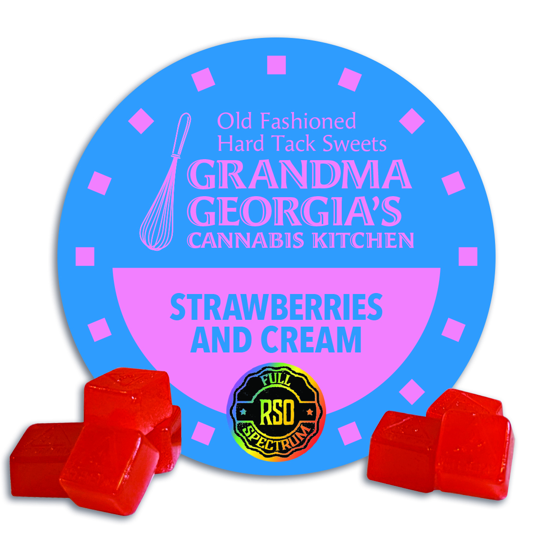 Photograph of product: 1:1 (TH-oui:CBD) RSO Strawberries & Cream Hard Tack Sweets 95mg 10pk