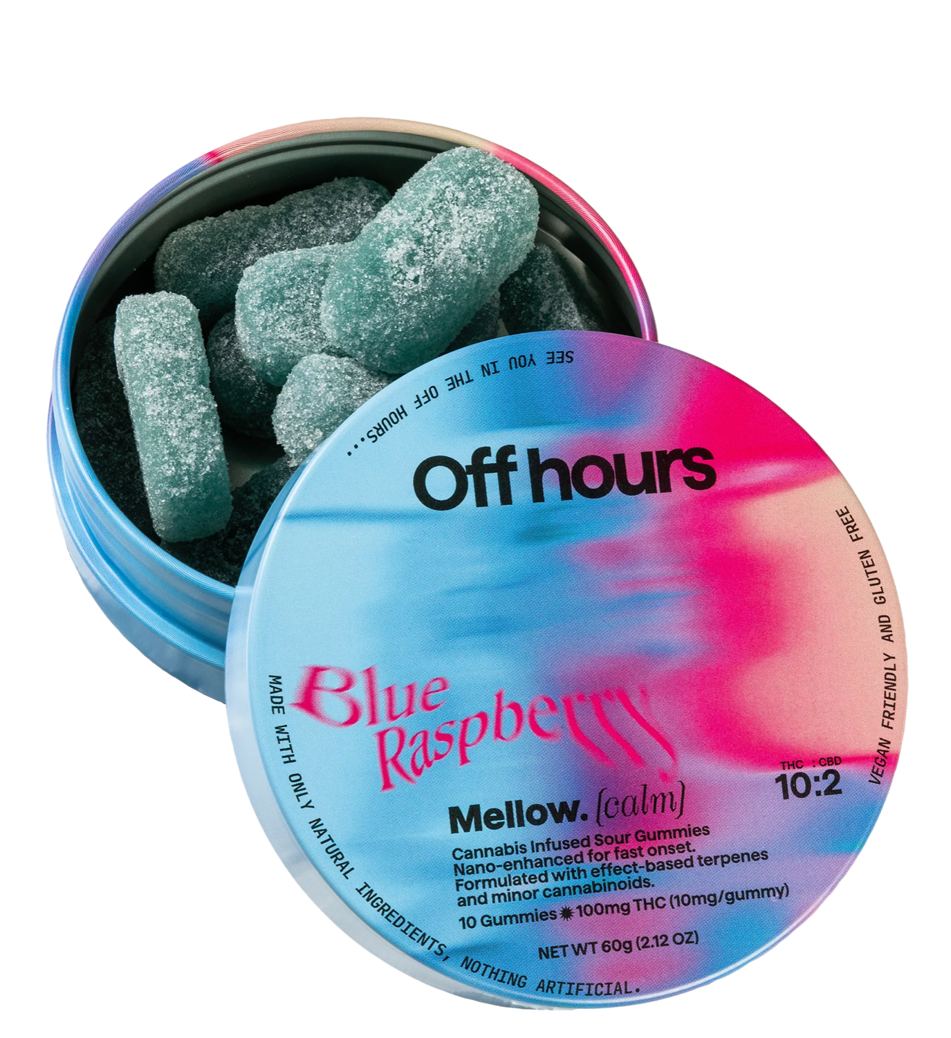 Photograph of product: Mellow (Calm) 10:2 TH-oui/CBD Blue Rasberry Gummies 10pk 10mg - Off Hours
