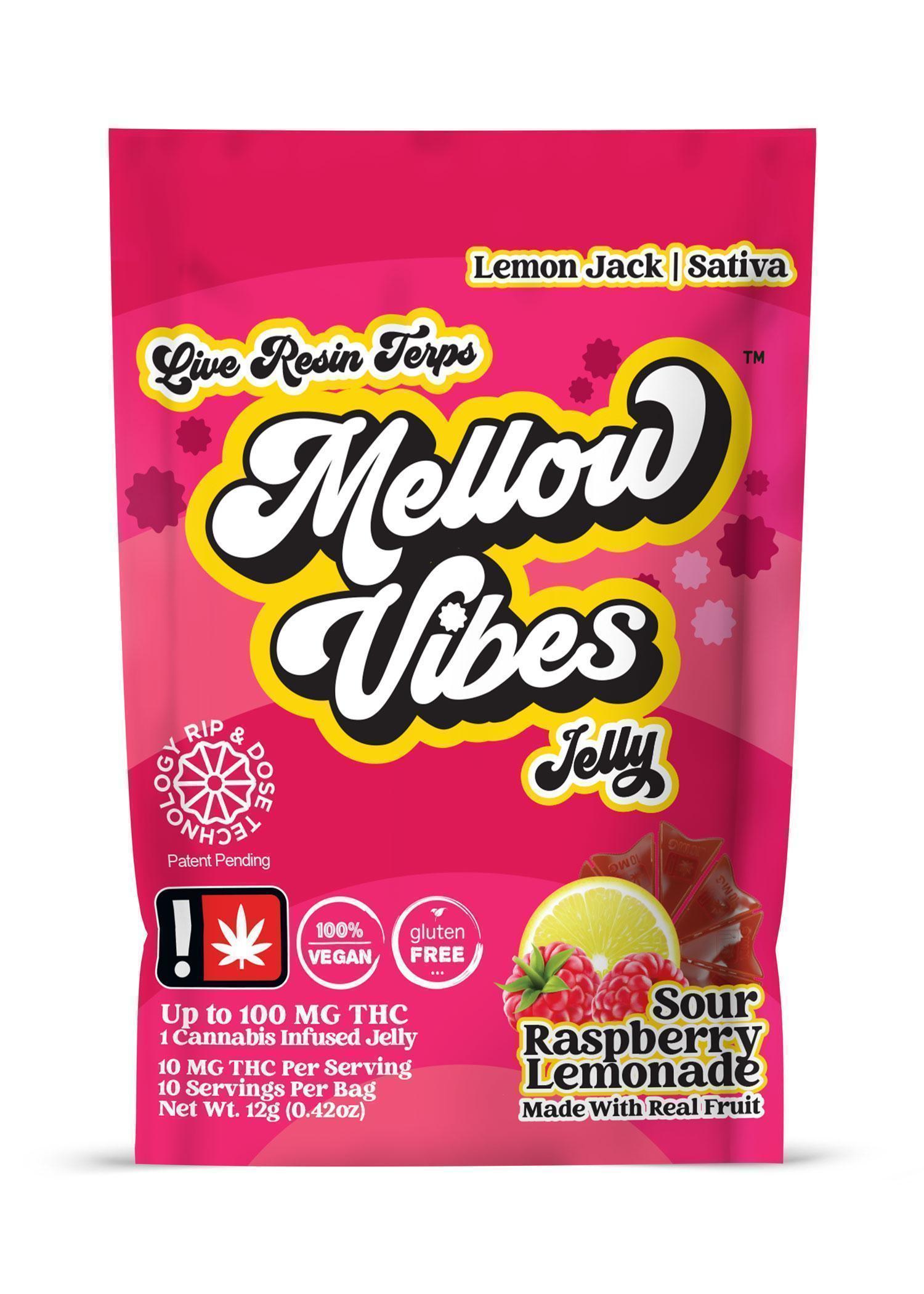 Photograph of product: Mellow Vibes Sour Raspberry Lemonade Live Resin Oui'd Single Gummy 100mg