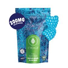 Photograph of product: CHOICE | SUPER SOUR BLUE RAZ | GUMMIES | 200MG