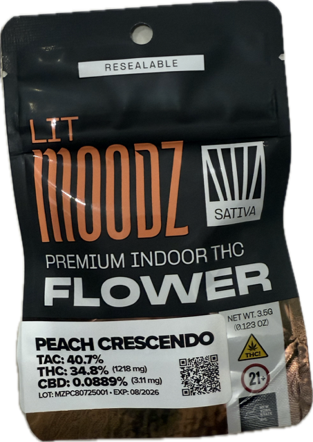 Photograph of product: Moodz | Flower | Peach Crescendo | 3.5g | Oui'd | 34.8% TH-oui
