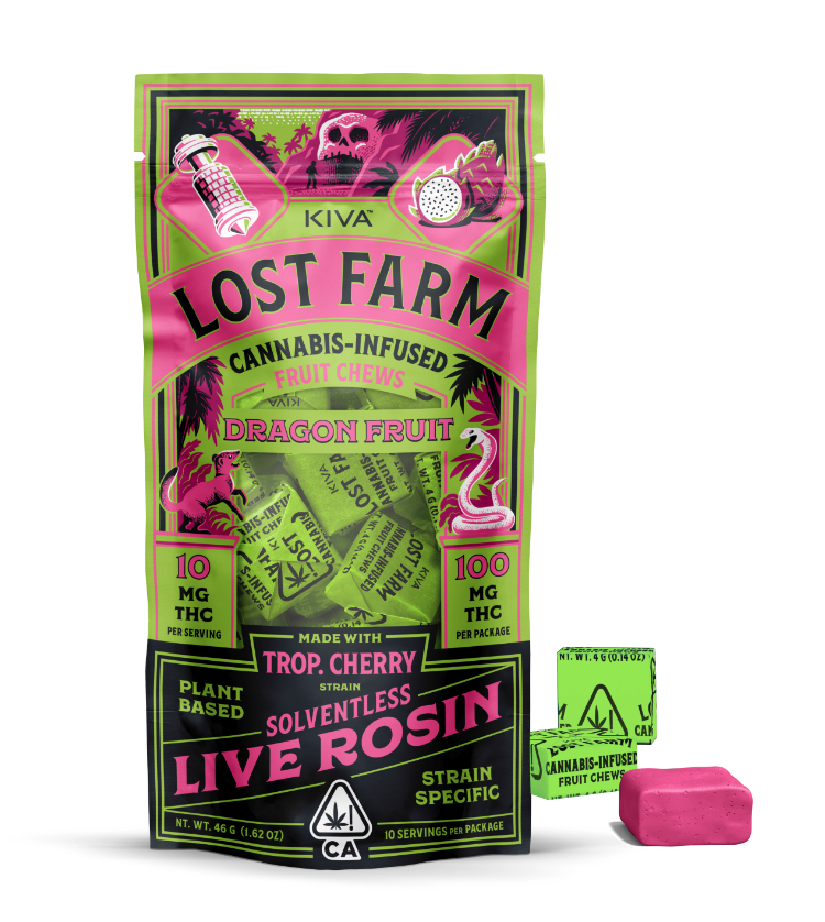 Photograph of product: Dragon Fruit Lost Farm - 100mg Live Resin Chews | Trop. Cherry Strain | Kiva Edibles