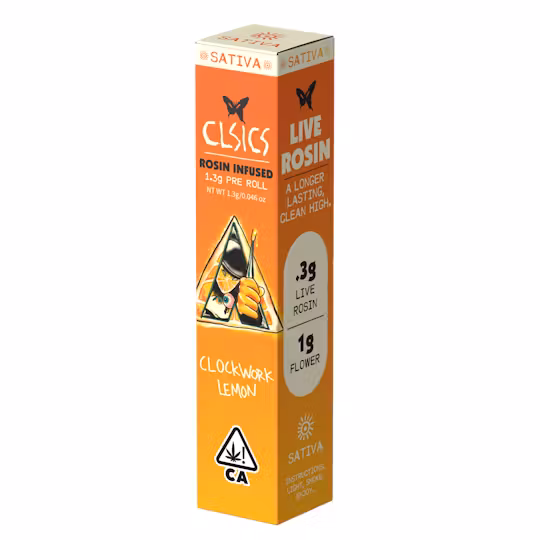 Photograph of product: Clockwork Lemon [S]   1.3g Rosin Infused Preroll   Clsics
