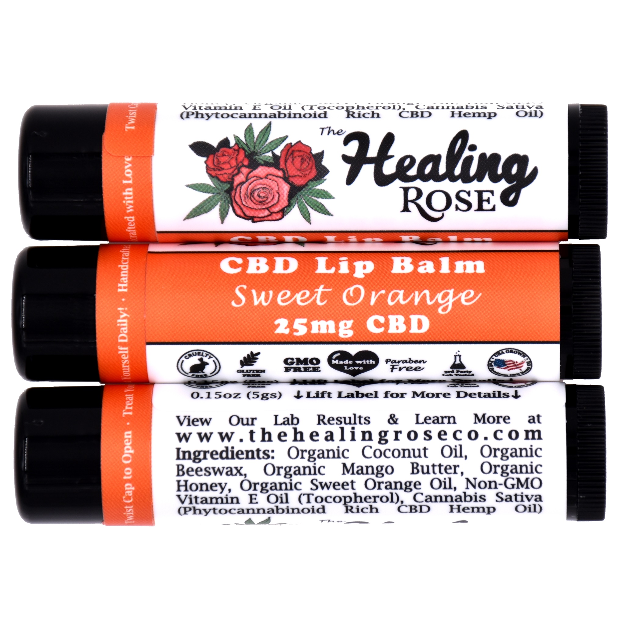 Photograph of product: 25mg CBD - Organic Sweet Orange Lip Balm - The Healing Rose