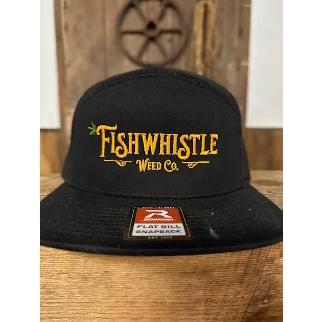 Photograph of product: Fishwhistle Black Snapback Hat (direct embroidery logo)