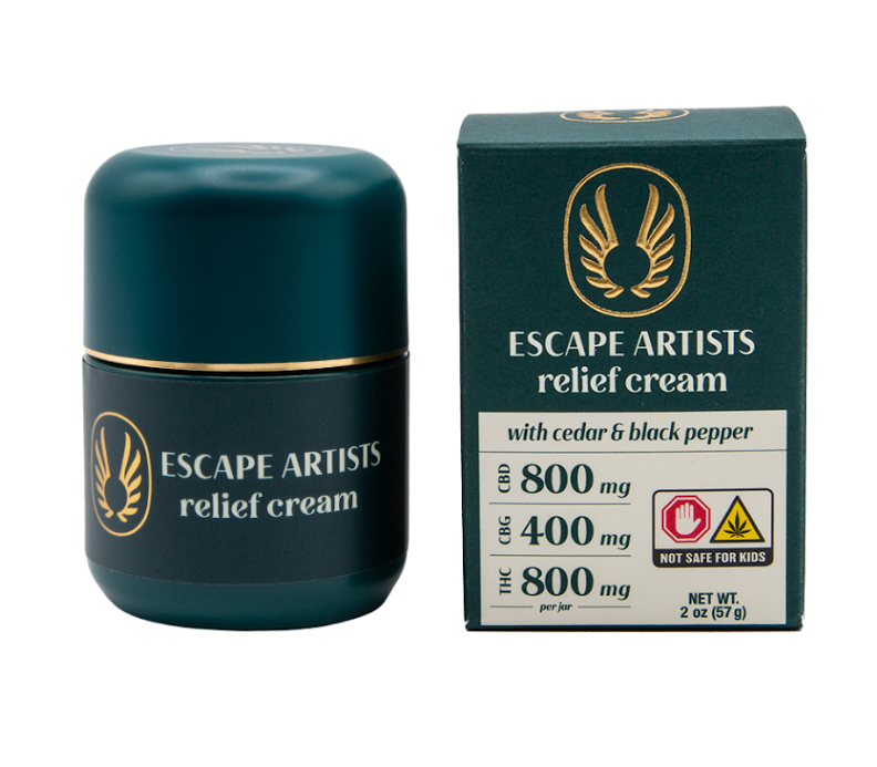 Photograph of product: Escape Artists Relief Cream 2.0oz- Cedar & Black Pepper 800mg:400mg:800mg (CBD:CBG:TH-oui)