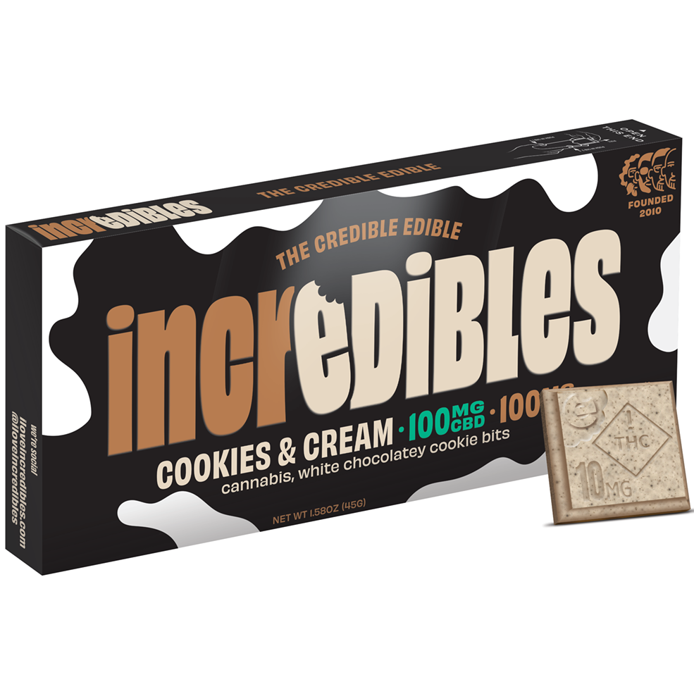 Photograph of product: Incredibles 1:1 Salted Cookies and Cream Chocolate 100mg (H)