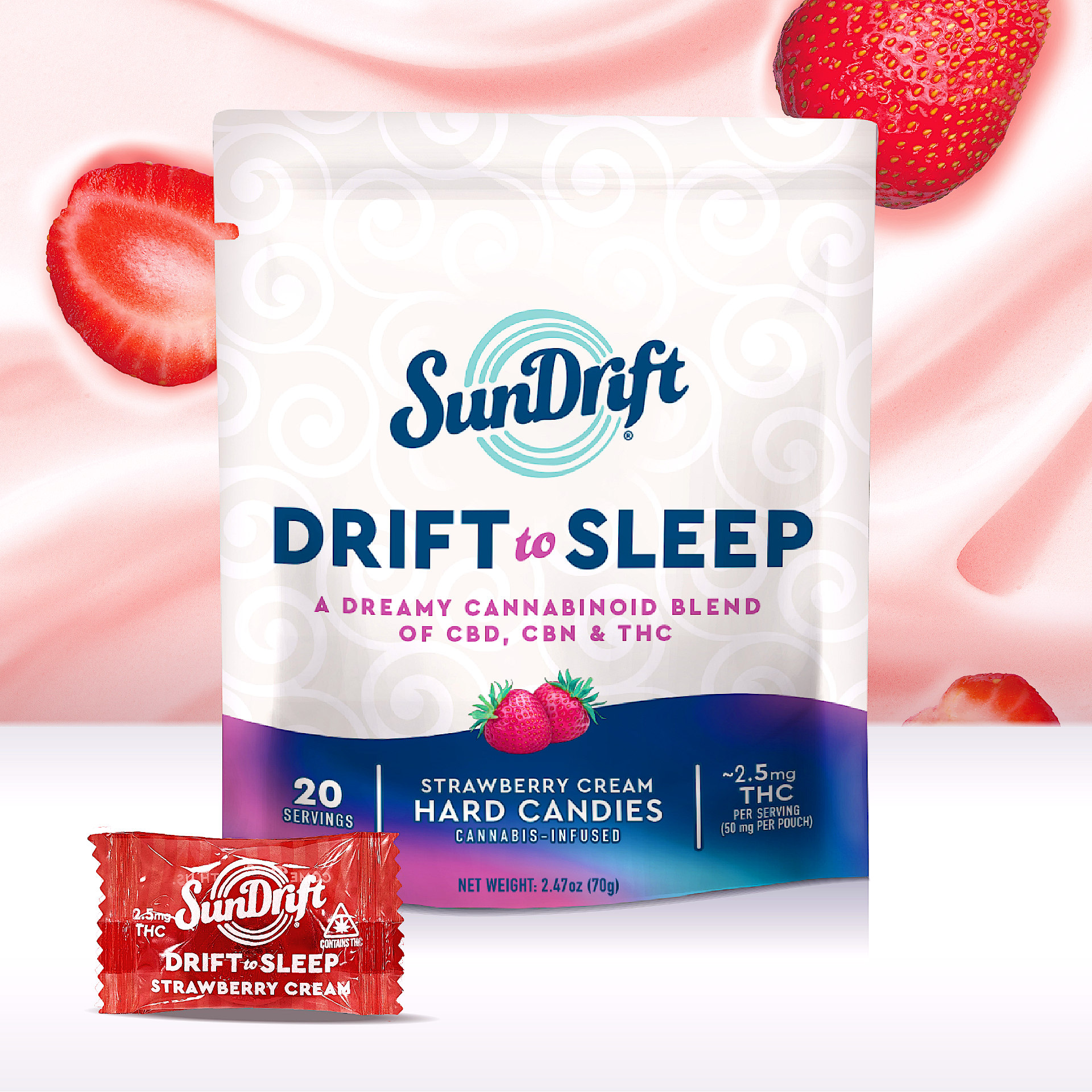 Photograph of product: 1:2:4 TH-oui/CBD/CBN Strawberry Cream Fast Acting Hard Candy 20pk | 50mg
