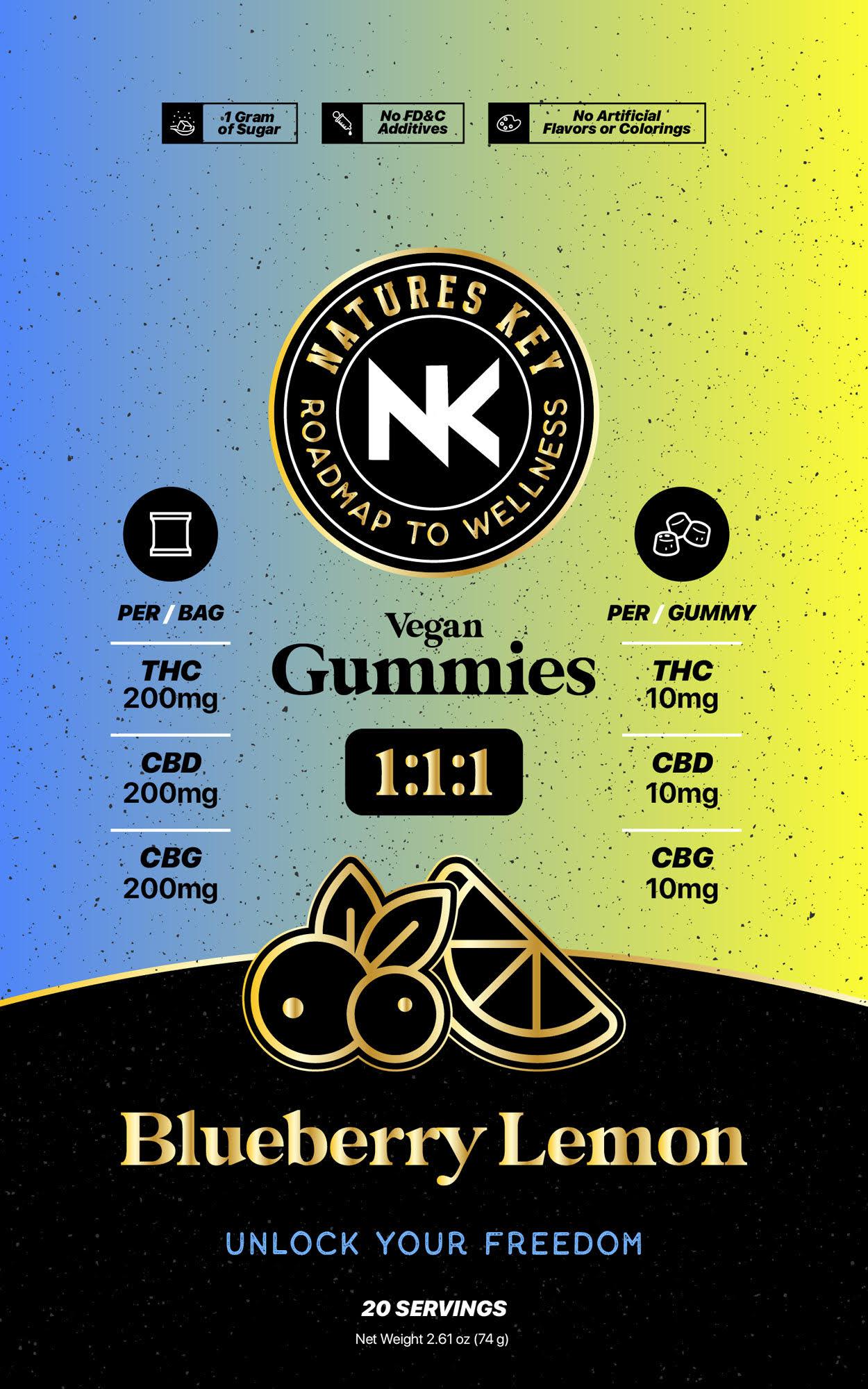 Photograph of product: Nature's Key-200mg Gummy-1:1:1 TH-oui:CBD:CBG-Blueberry Lemon