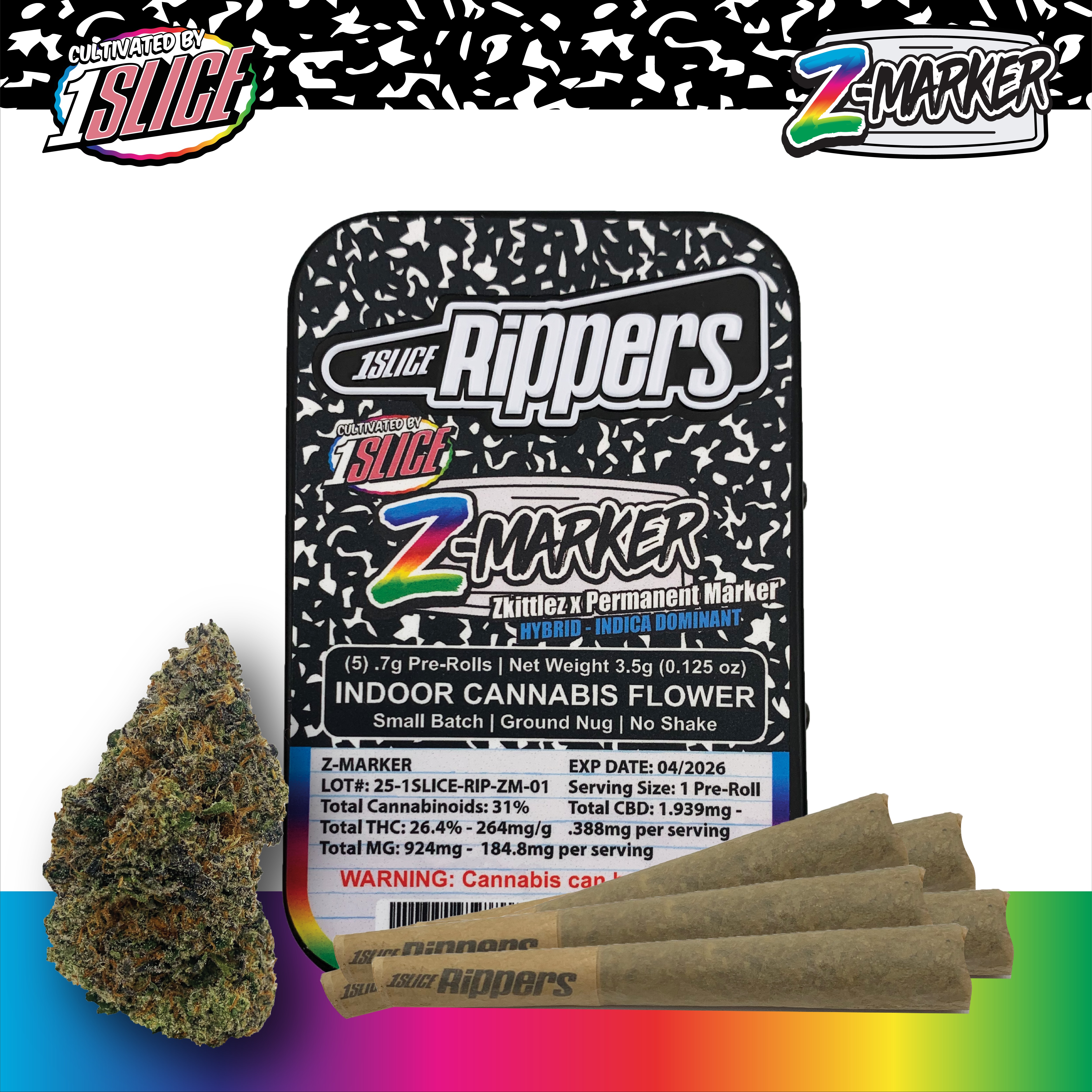 Photograph of Product: 1Slice Rippers Z-Marker (Indica-Hyrbid) Pre-Rolls 5pk