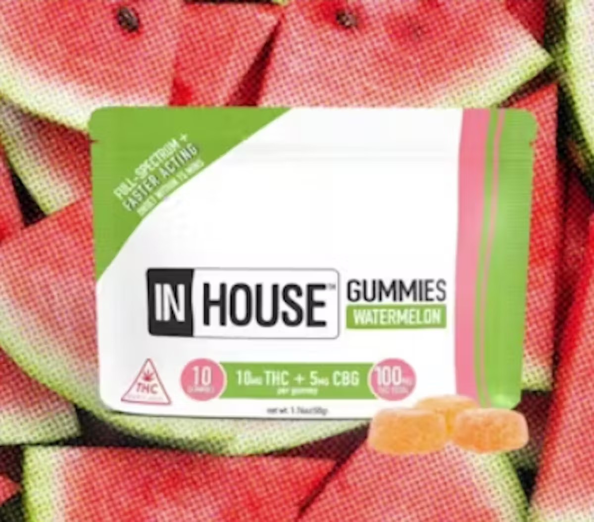 Photograph of product: In House | Gummies | Watermelon 2:1 TH-oui:CBG | 10pk 100mg