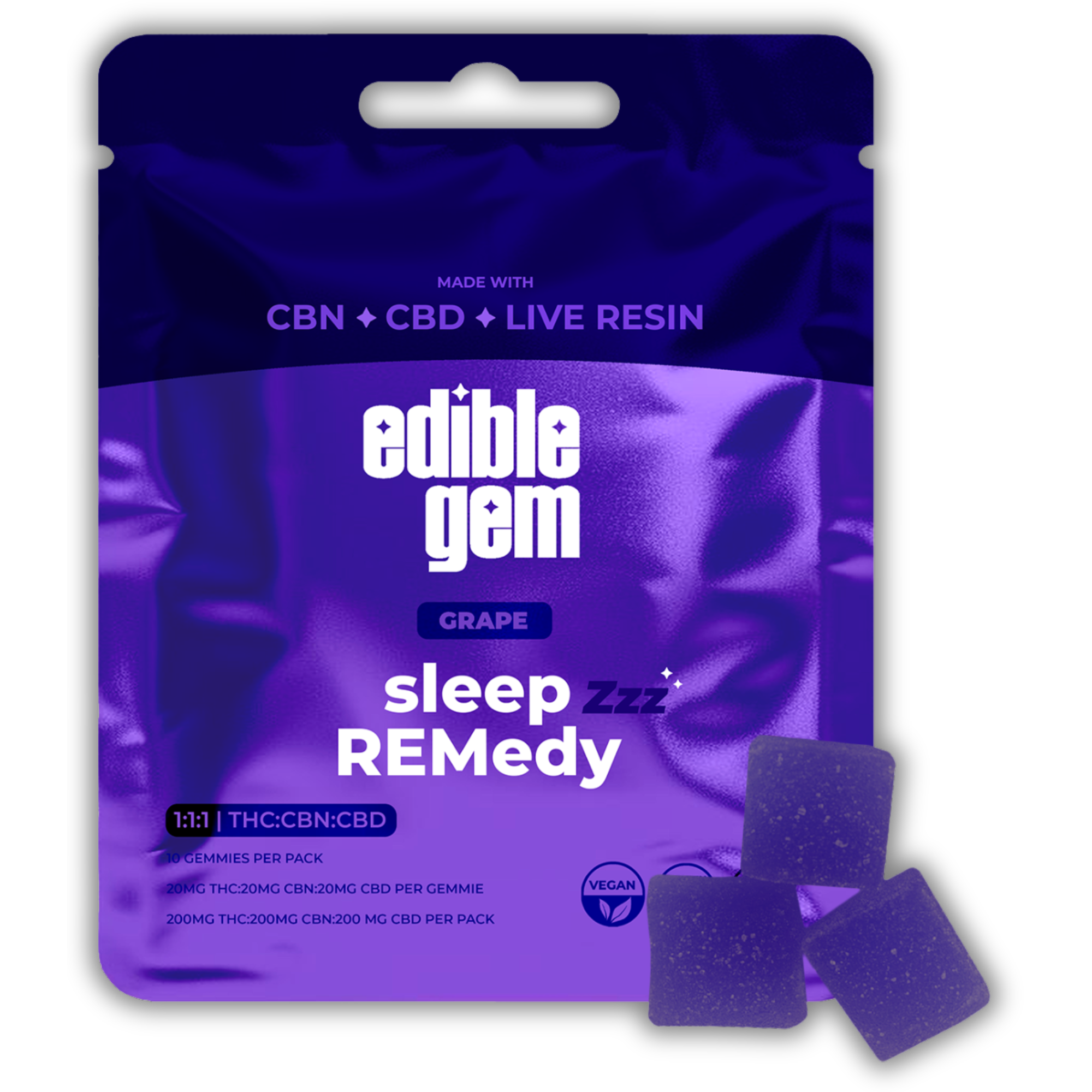 Photograph of product: Edible Gem | Live Resin Gummy | Grape | 1:1:1 TH-oui:CBN:CBD | 200mg