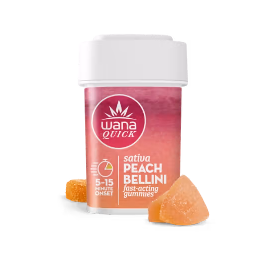 Photograph of product: Wana Quick Peach Bellini Sativa Gummies 100 mg THC