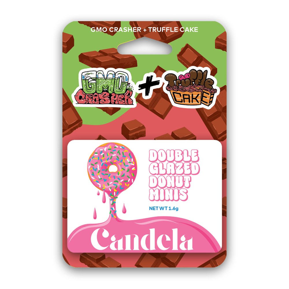 Photograph of product: Candela - GMO Crasher x Truffle Cake - 1.6g (4x.4g) Double Glazed Donut Mini Pre-Rolls