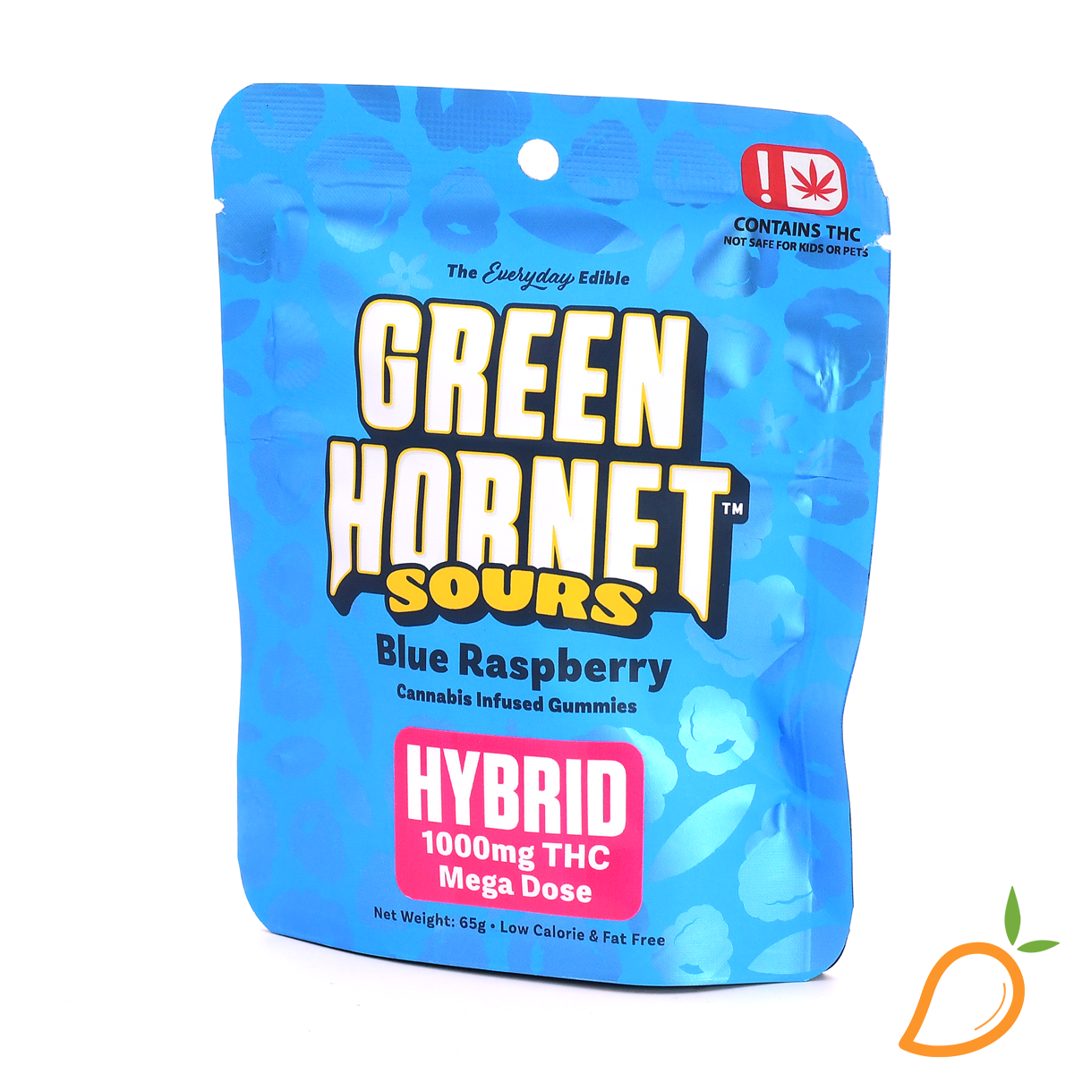 Photograph of product: 1000mg Sour Blue Raspberry Hybrid Gummies Green Hornet