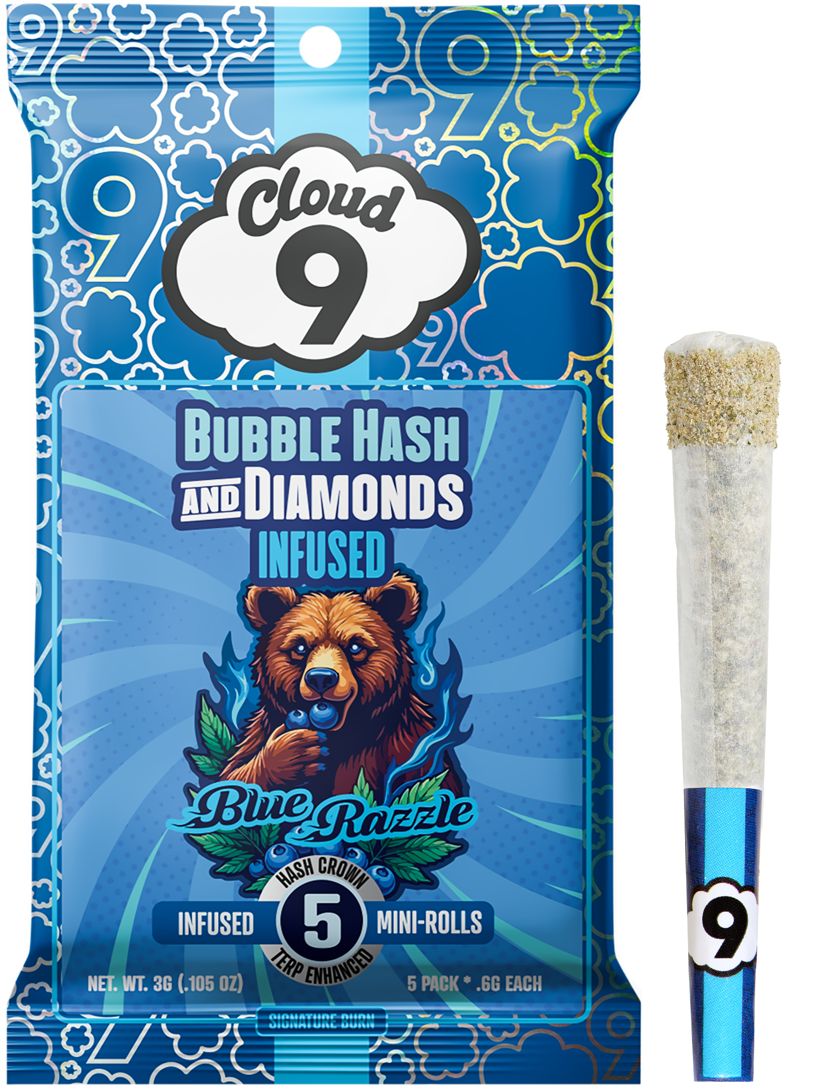 Photograph of product: Cloud 9 - Blue Razzle Bubble au chocolat and Diamond Infused 5pk 3g