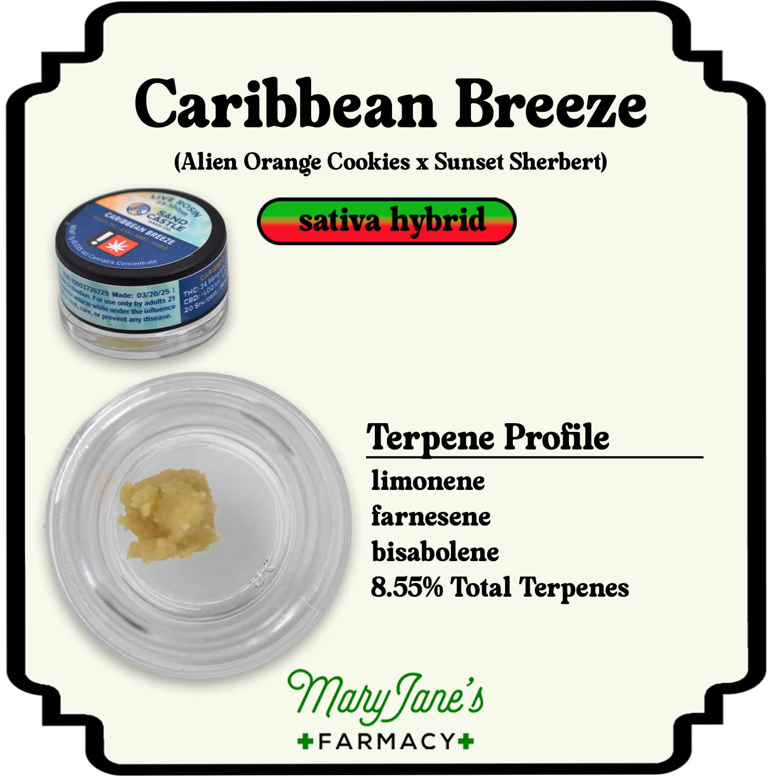Photograph of product: Caribbean Breeze 6* 73-120 Live Rosin Extract | 1g