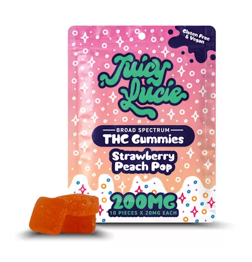 Photograph of product: JUICY LUCIE STRAWBERRY PEACH POP GUMMIES 200MG